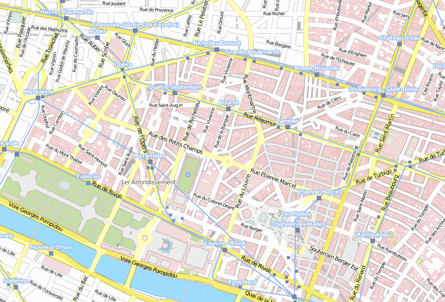 Notre-Dame-des-Victoires-Stadtplan mit Satellitenfoto und Hotels von Paris